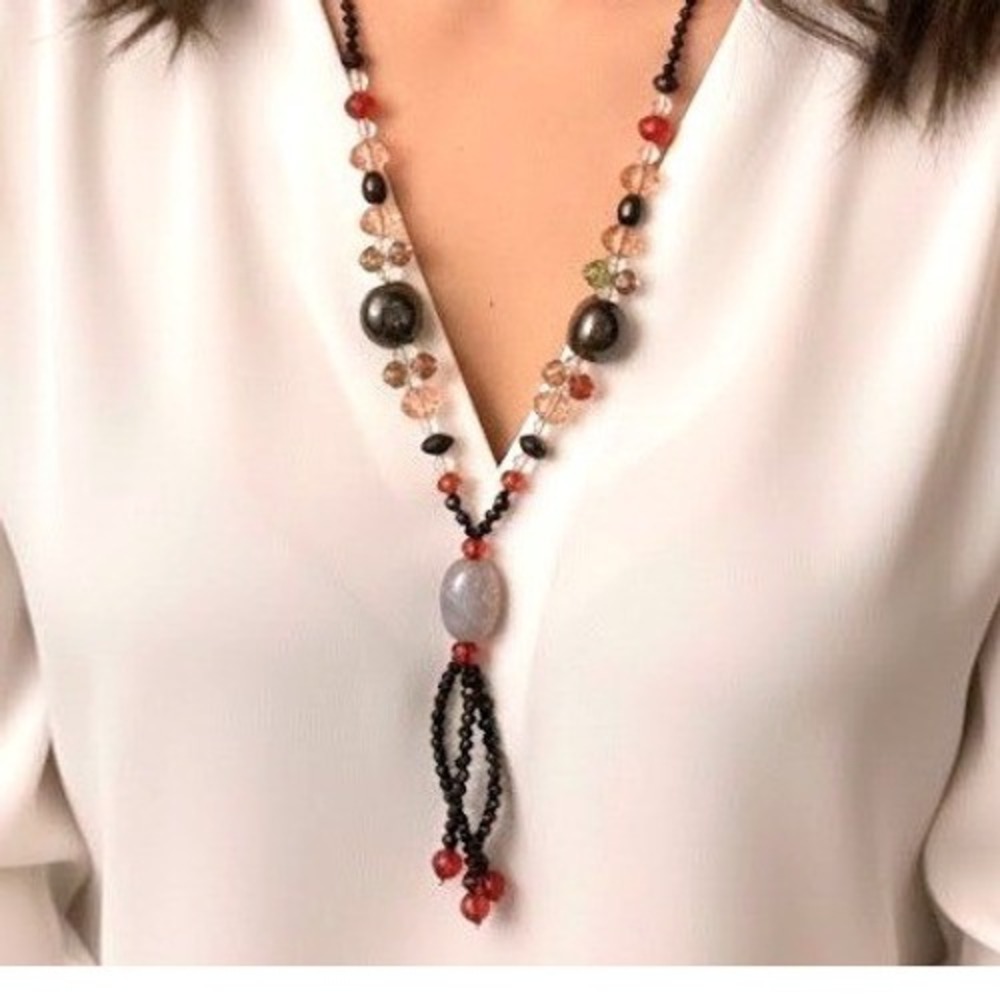 Black Red Gray Beaded Lariat Y-Necklace Agate Glass Crystal Tassel Boho 28 Inch